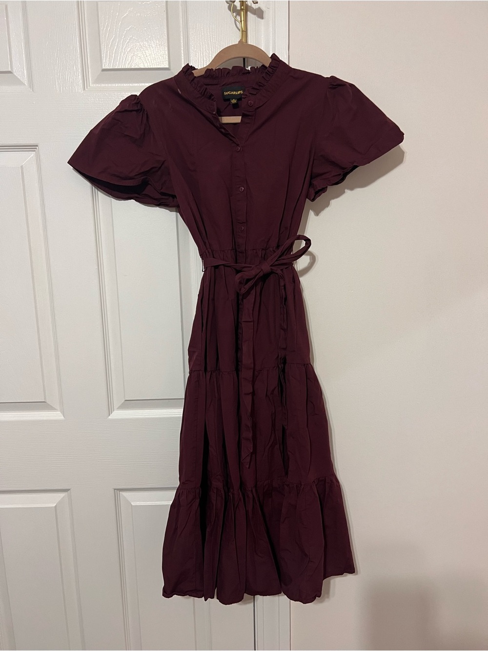 Sugarlips Wine Ruffle-Trim Maxi Dress with Tie Waist